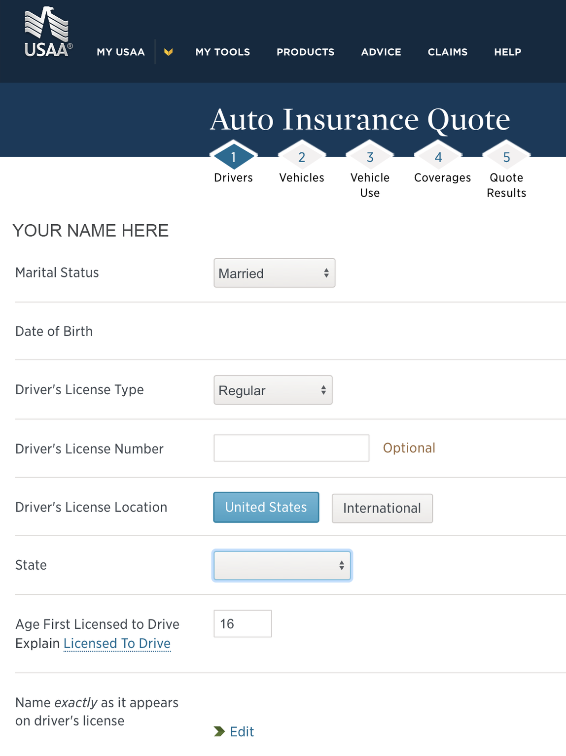 USAA personal info during car insurance quote
